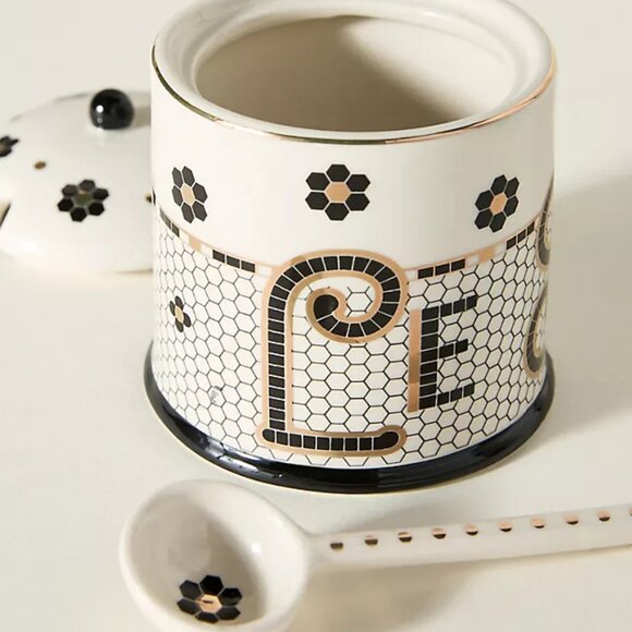 Anthropologie Bistro Tile Decaled Stoneware Sugar Bowl Pot 3 Pcs Set New - Picture 2 of 7